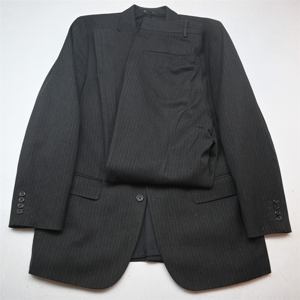 Vtg Y2K 2000s Boxy 42R 32x30 Gray Striped Mens Jacket Pants Suit